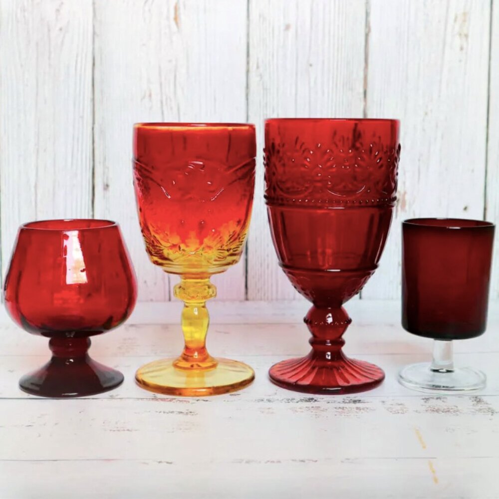 Vintage Ruby Red Mismatched Glasses (Set of 4) Mix Match Retro Goblets
